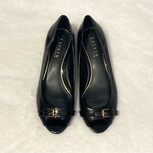 Lauren Ralph Lauren Black Leather Madison Wedge Peep Toe Heels Size 8